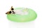 HAPPY DOG SUMMER GOING ON VACATIONS. JACK RUSSELL INSIDE A INFLATABLE OR GREEN FLOAT POOL WEARING SUNGLASSES. ISOLATED AGAINST