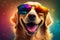 Happy dog with sunglasses. Portrait of smiling dog wearing sunglasses. Happy pet concept