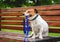 Happy dog walking in park sitting on bench and holding leash in mouth