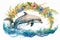 Happy dolphin in hand drawing watercolor style with summer flower decoration