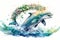 Happy dolphin in hand drawing watercolor style with summer flower decoration