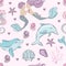 HAPPY DOLPHIN Mermaid Seamless Pattern Vector Illustration