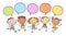 Happy doodle kids in a row with speech bubbles