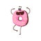 Happy doughnut character jumping with hands up. Cartoon donut with pink vanilla glaze and sprinkles. Sweet bakery