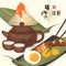 Happy Dragon Boat Festival background template traditional food rice dumpling mushroom pork belly salted duck egg chestnut and tea