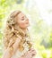 Happy Dreaming Woman, Young Girl with Flower, Closed Eyes