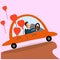 Happy driving man with Valentine balloons