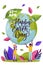 Happy Earth Day calligraphy lettering, banner poster design template. People holding Earth planet. Vector illustration