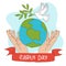 Happy Earth Day. Light male hands hold the globe, a growing branch, a flying white dove. The concept of Earth Day. A