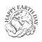 Happy Earth Day typography. Globe in hands. Two palms hold the Earth. Environment concept. Hand drawn black and white