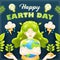 Happy Earth Day. Vector 3d woman hugging the earth with plant ornaments