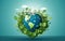 Happy Earth and world health day poster with a plastic globe in heart shaped greenery, fresh grass, plants. Wild nature 3d render