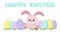 Happy Easter 4K animated greeting card with pink rabbit, pastel colored painted eggs, grass and cute blue descending