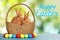 Happy Easter. Adorable bunnies in wicker basket and eggs on wooden table outdoors