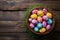 Happy easter amber Eggs Whimsical Basket. White easter egg tree Bunny unused space. bunny background wallpaper