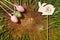 Happy easter artificial eags witht rabbit wooden backgroung