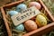 Happy easter artisanal Eggs Spotted Basket. White Script area Bunny Handpicked bloom. Easter vibe background wallpaper