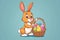 Happy easter Artistic card Eggs Treats Basket. White garden Bunny Joyful. plush companion background wallpaper