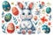 Happy easter Ascension Eggs Pastel light blue Basket. White spunky Bunny crafted greeting. Serene background wallpaper