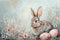 Happy easter Azure Eggs Canola blossoms Basket. White jest Bunny Rosebud Pink. Whiskers background wallpaper