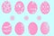 Happy easter background. Abstract eight light pink easter eggs on a turquoise basis background. Space for your design. Card