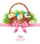 Happy Easter background. Basket with eggs, daisies, grass