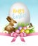 Happy Easter background. Colorful eggs and chocolate bunny  with a white protective face mask on green grass.