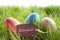 Happy Easter Background With Colorful Eggs And Label With German Text Danke