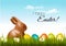 Happy Easter background. Easter eggs and a chocolate bunny.