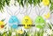 Happy Easter background with funny colorful eggs, grass, flowers, ladybug and butterfly on wooden texture. Egg hunt. Vector illust