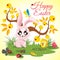 Happy Easter background meadow with cute chicken and rabbit, ladybug, butterfly near an orange tree