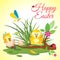 Happy Easter background meadow with cute chickens in egg, ladybug and butterfly in grass