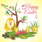 Happy Easter background meadow with cute chickens family, ladybug, butterfly and tree