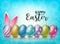 Happy Easter background with painted 3d realistic egg and bunny ears behind on blue backdrop with bokeh.