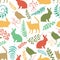 Happy Easter background with rabbits, birds and cats