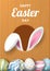 Happy Easter background with realistic painted eggs, and rabbit ears.