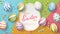 Happy Easter background with realistic painted eggs, ribbon, and egg shape.