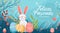 Happy Easter! Banner with easter eggs, bunny and calligraphy text \\\