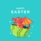 Happy Easter banner, poster, greeting card. Cute easter design with baby dragon, hatched egg, typography, and wings in cartoon