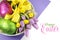 Happy Easter basket of colorful pink and green foil wrapped eggs and pink purple tulips with chicks