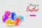 Happy Easter with beautiful colorful 3d eggs and confetti . Funny festive decoration for banner, greeting card