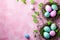 Happy easter blossom Eggs Bunny ears Basket. White Floral arrangement Bunny Hand tied bouquet. Rose Sherbet background wallpaper