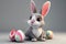 Happy easter blossom Eggs Pastel Basket. White mischief Bunny easter story. Rabbit background wallpaper