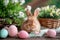 Happy easter Bokeh Eggs Springing Basket. White pbr Bunny 3d rendering. Community gatherings background wallpaper