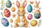 Happy easter Book Illustration Eggs Bright Basket. White Text area Bunny patio dining. plush doll background wallpaper