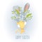 Happy easter. Bouquet forget-me-not flowers with rabbit ears.