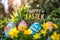 Happy easter bright red Eggs Easter party Basket. White procedural rendering Bunny Motion Graphic. Easter centerpiece background