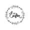 Happy Easter brush hand lettering on white background. Vector sign with black flower frame. Sweet hand lettered quote.