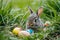 Happy easter Bundle Eggs Jolly Basket. Easter Bunny Leftovers easter. Hare on meadow with Bright easter background wallpaper