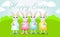 Happy Easter bunnies stand on a green field. Rabbits are smiling and holding decorative eggs.